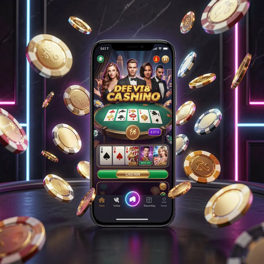 GL9999 online casino mobile app hero banner featuring a modern smartphone with glowing casino interface, golden coins and poker chips flying around against a dark luxury background with neon accents