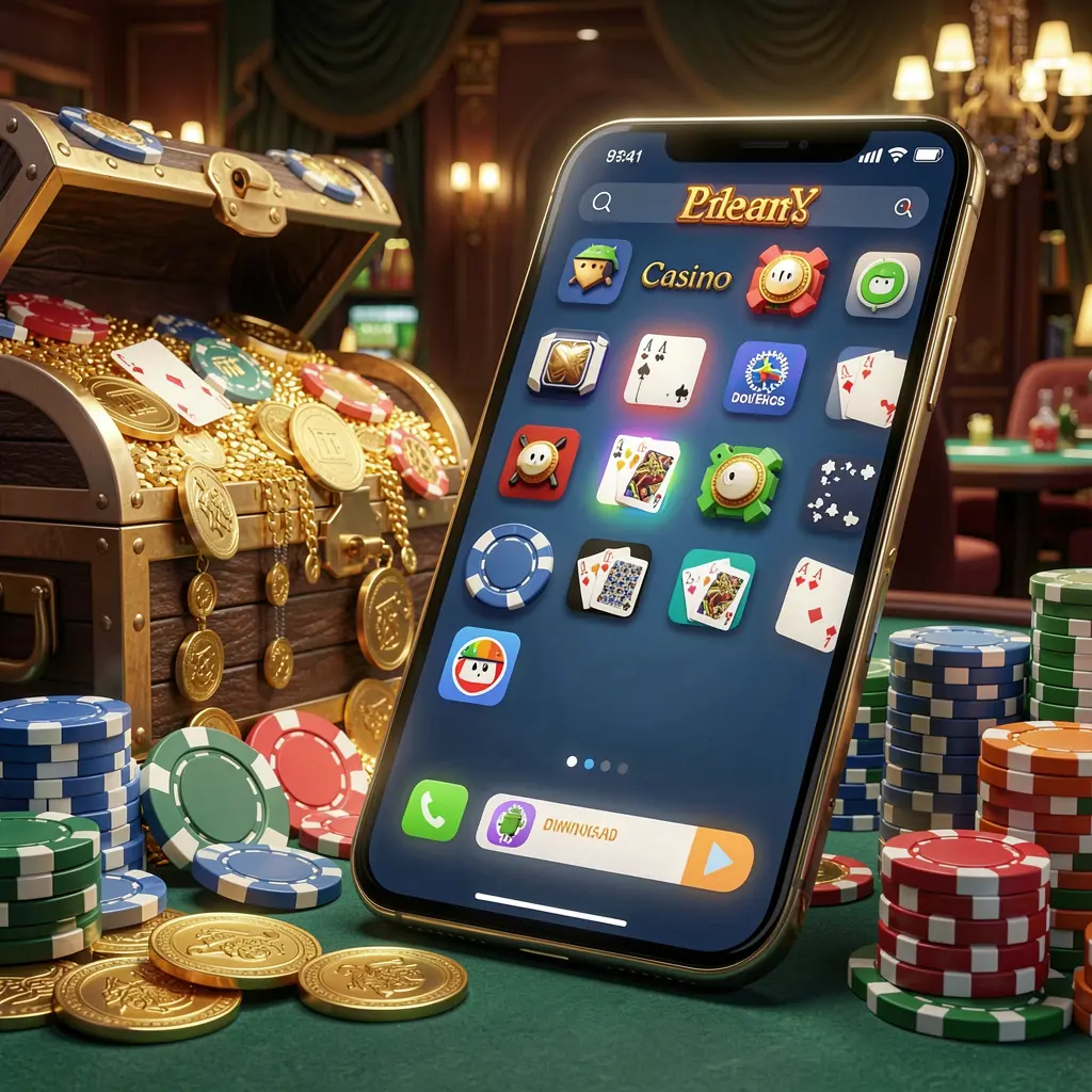 GL9999 Casino APK download scene featuring a glowing smartphone displaying an Android-style mobile app layout with a treasure chest, chips, and coins nearby in a luxury 3D render