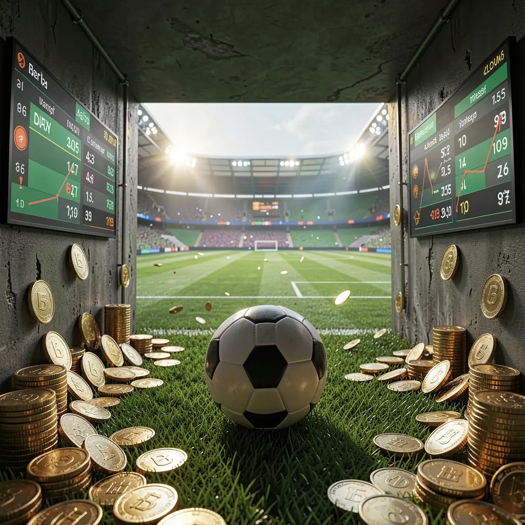 GL9999 football betting platform scene showing a dramatic stadium tunnel opening to a bright soccer field with a soccer ball in the foreground, digital odds graphics, and gold coins in a realistic cinematic render
