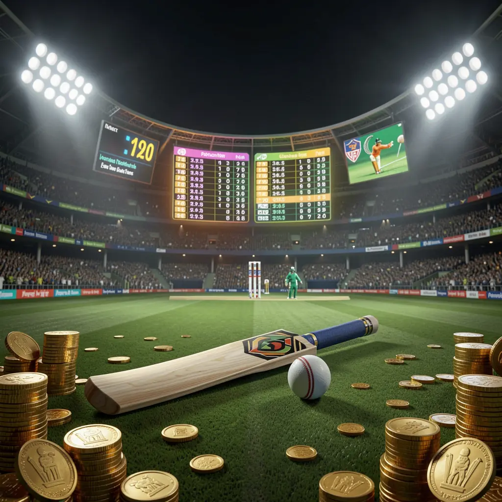 GL9999 cricket betting hero banner featuring a night cricket stadium illuminated by bright floodlights, a cricket bat and ball on a green pitch, glowing odds panels, and golden coins in a premium dark cinematic 3D render