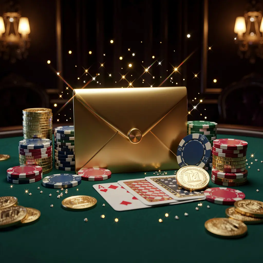 GL9999 exclusive casino promotion scene featuring a golden envelope surrounded by chips, coins, and playing cards with sparkling lights on a luxury dark background