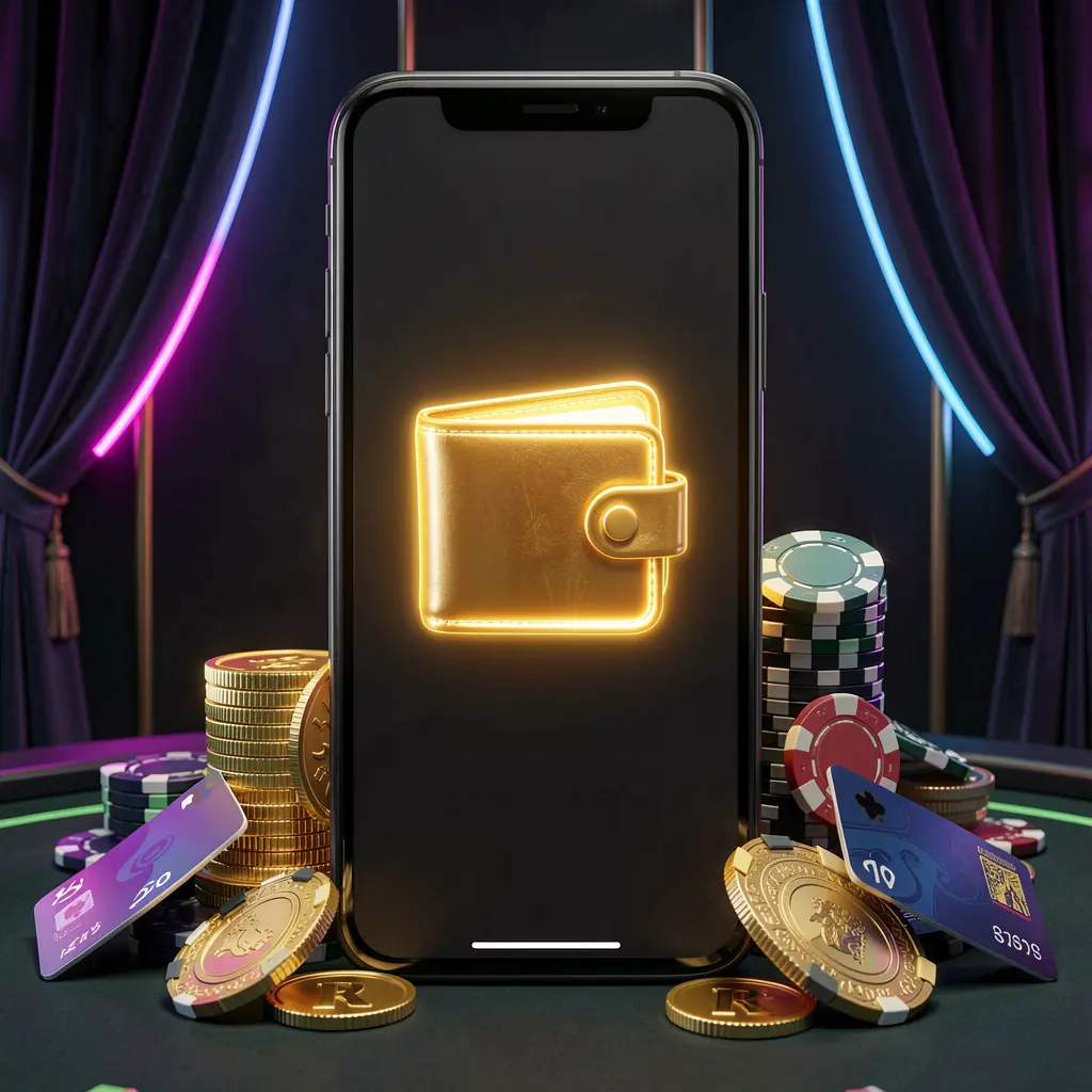 GL9999 online casino deposit bonus concept with smartphone screen displaying glowing wallet icon, surrounded by stacks of golden coins, poker chips, and bank cards on a dark luxury background with neon highlights