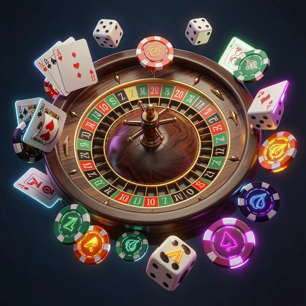 GL9999 online casino games collection featuring a neon glowing roulette wheel, blackjack cards, dice, slot symbols, and poker chips floating together in a premium 3D render