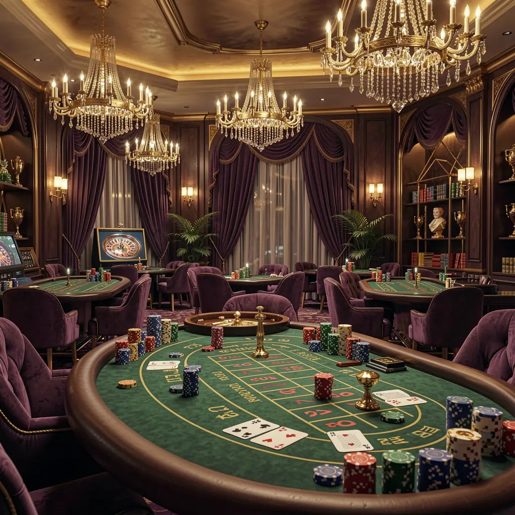 GL9999 high-end casino lobby featuring golden lights, roulette tables with chips and cards, elegant premium design against a dark cinematic background in an ultra detailed 3D render