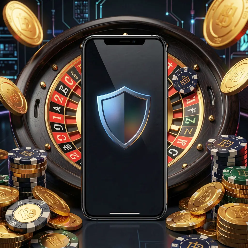 GL9999 secure mobile casino login screen showing a phone with shield icon, roulette wheel, poker chips, and golden coins in a dark cyber luxury atmosphere