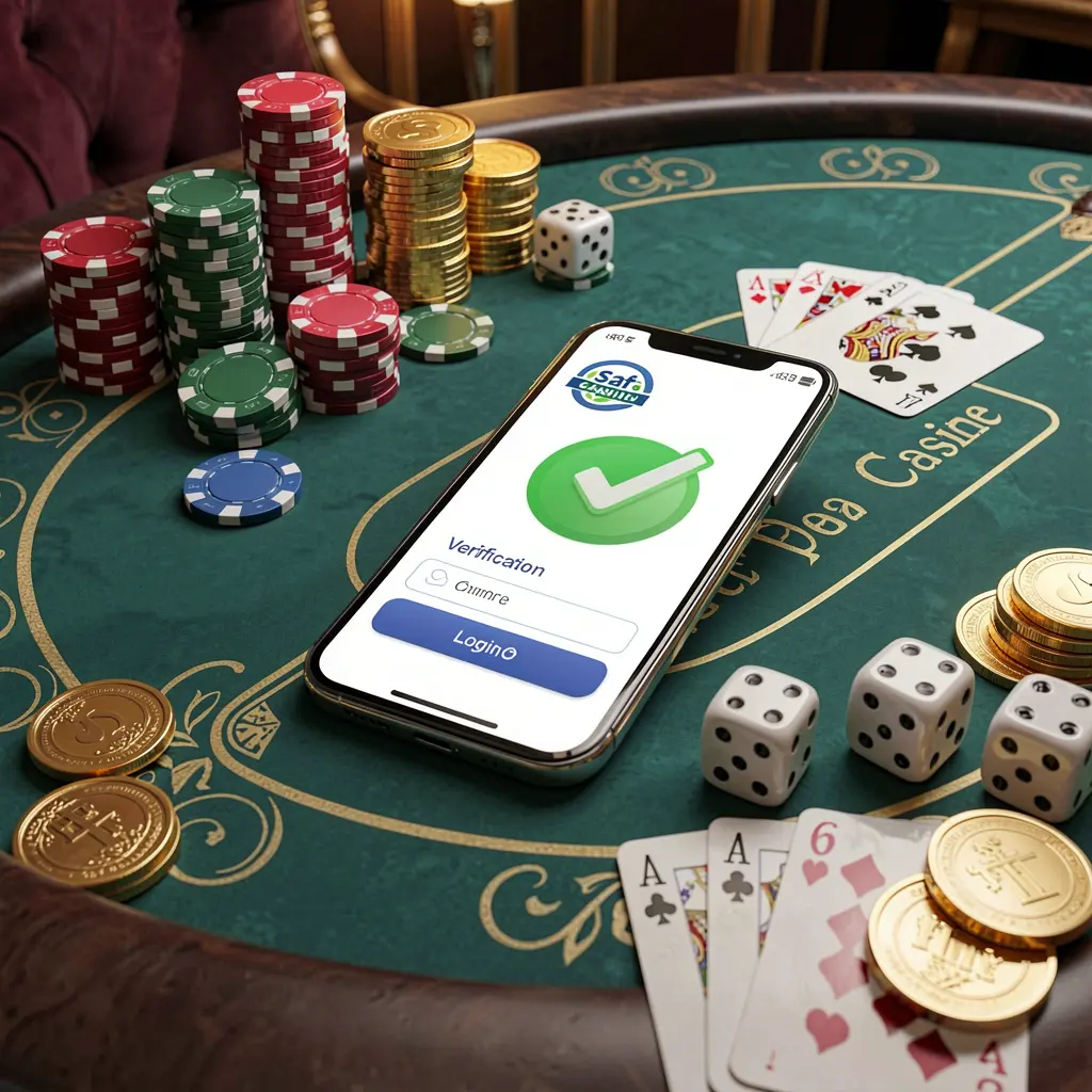 GL9999 safe casino login concept showing a smartphone with verification checkmark icon surrounded by chips, cards, dice, and golden coins on an elegant luxury casino table in a 3D realistic render