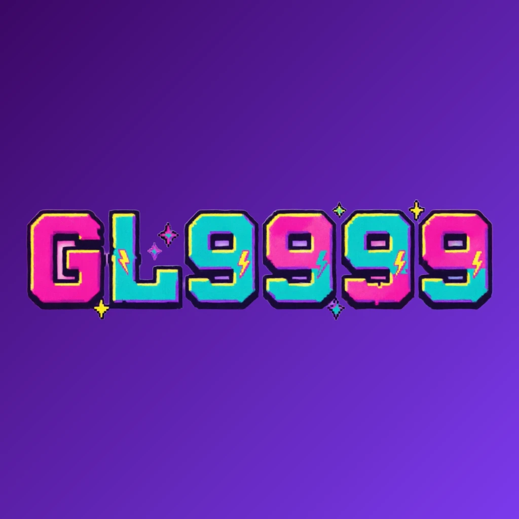 Bold arcade-style horizontal rectangular wordmark logo for GL9999 featuring chunky retro typography in bright pink, turquoise, yellow, and purple colors with a vibrant gaming atmosphere on a transparent background