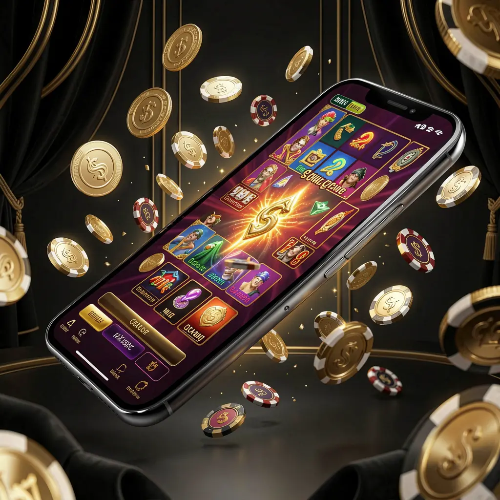 GL9999 modern online casino main page visual featuring a smartphone with a glowing gaming interface, surrounded by flying coins and chips in a black and gold luxury atmosphere